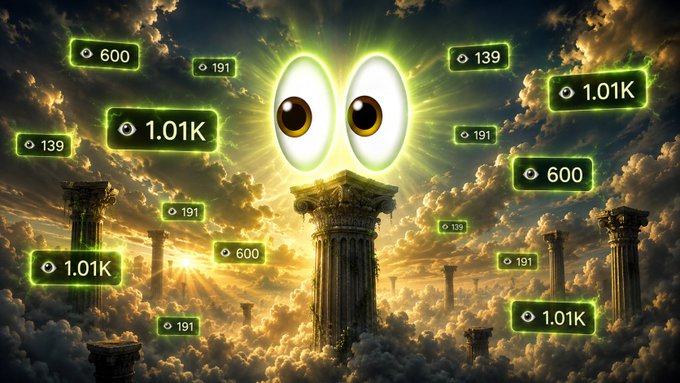 A surreal sky scene shows two giant glowing eyes floating above ancient classical columns, surrounded by floating viewer count tags displaying numbers like "600," "191," "139," and "1.01K" in neon green — symbolizing the "eyesoncoin" spectacle of crypto market watchers turning their gaze skyward in awe.