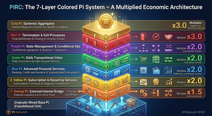 A pyramid-style infographic illustrating the "PiRC: The 7-Layer Colored Pi System – A Multiplied Economic Architecture," featuring seven stacked tiers ranging from "1. Orange Pi: External/Internal Bridge" at the base with an x1.5 multiplier, up to "Gold Pi: Systemic Aggregator" at the top with an x3.0 multiplier, each color-coded with its economic function and transaction velocity. The diagram visualizes Pi Network's layered financial architecture and complements the post by mapping how each colored tier contributes a specific economic multiplier within the PiRC framework.