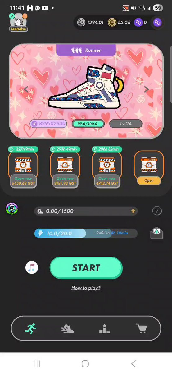 The image shows a phone screen displaying an app called "Stepn". The app has a pink background with hearts, and there are two images of shoes displayed on the screen. One shoe is blue and white, while the other one is red and white. The app also features a shopping cart icon, indicating that it allows users to browse and purchase items from the app's store.