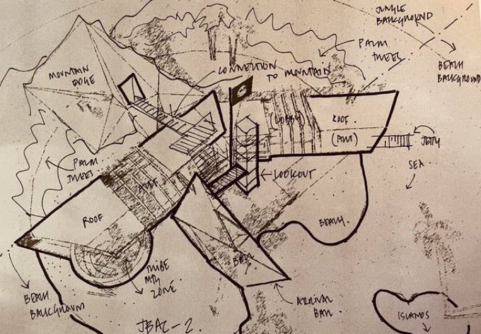 A detailed architectural sketch on brown paper depicting a star-shaped building complex with annotations like 'PAW MEET', 'ROOF', 'LOBBY', 'LOOKOUT', and 'JBAZ-2'.