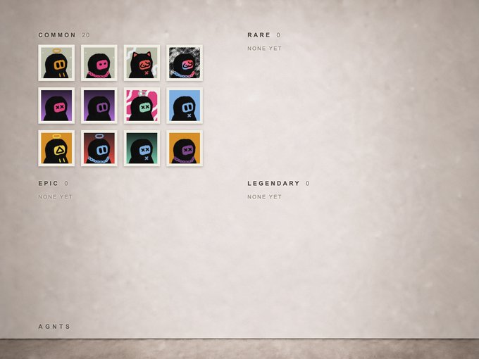 A digital interface displaying a collection of hooded character stickers categorized as 'COMMON 20', 'RARE 0', 'EPIC 0', and 'LEGENDARY 0'.