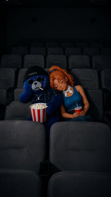 A whimsical 3D-rendered scene of a red-haired woman in a blue top and white scarf sleeping on a blue teddy bear's shoulder in a dark movie theater, both holding snacks - popcorn and a soda.
