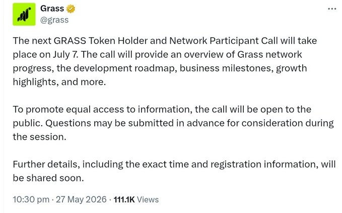 The image features a screenshot of a Facebook message board displaying the post for the next GRASS token holder & network participant call scheduled for July 7th at 9 AM. The post mentions that questions may be required during this session, indicating an upcoming call where attendees are expected to contribute information or ask any related inquiries. This event will provide updates on progress made in the Grass network's development roadmap, business milestones reached so far, and more.