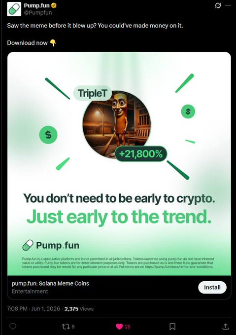The image features a social media post with a green background that displays information about a new product called "PumpFun" and its release date of July 1, 2008. The post also mentions that PumpFun has been sending signals about the release of the product, which is related to the concept of cryptocurrency. The caption reads: "PumpFun has been sending us signals LITERALLY EVERY SINGLE DAY And you still aren'e all in on $TRIPLET?".