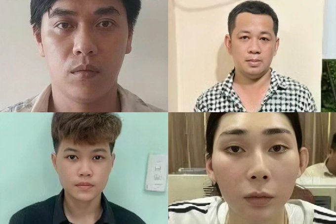 A collage of four mugshot-style photos showing three men and one woman against various plain backgrounds.
