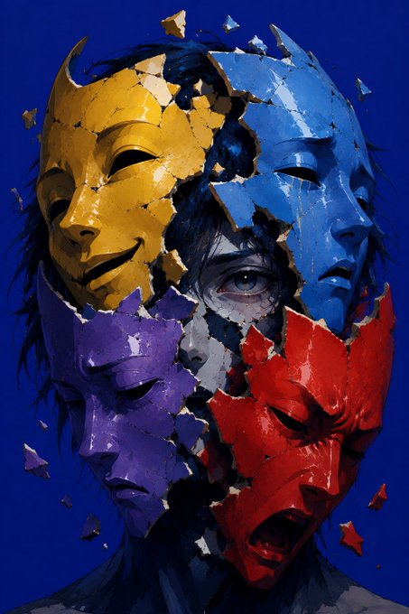 A digital artwork showing a human face in the center surrounded by four shattered masks in yellow, blue, purple, and red against a dark blue background.