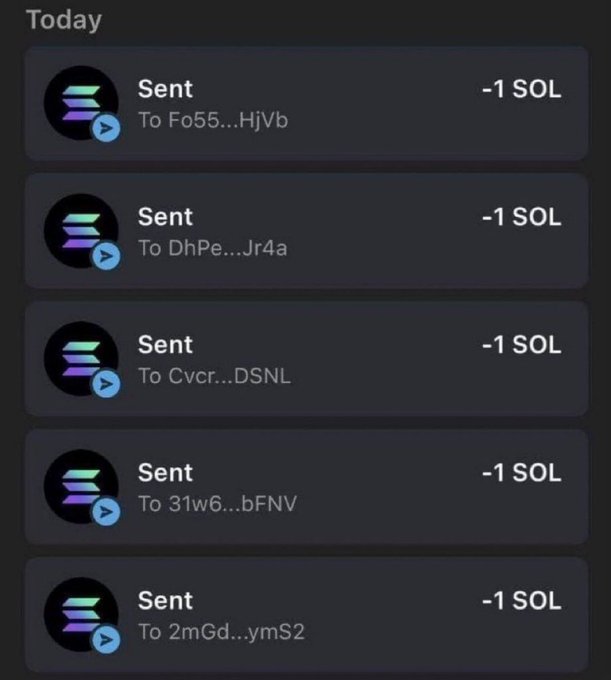 The image shows a transaction history displaying five separate "Sent" transactions, each for -1 SOL, sent to different wallet addresses (Fo55...HjVb, DhPe...Jr4a, Cvcr...DSNL, 31w6...bFNV, and 2mGd...ymS2) on what appears to be the Solana blockchain. This serves as proof of the user's giveaway activity, demonstrating they have been sending 1 SOL to various recipients as part of the "drop your $SOL address" promotion.
