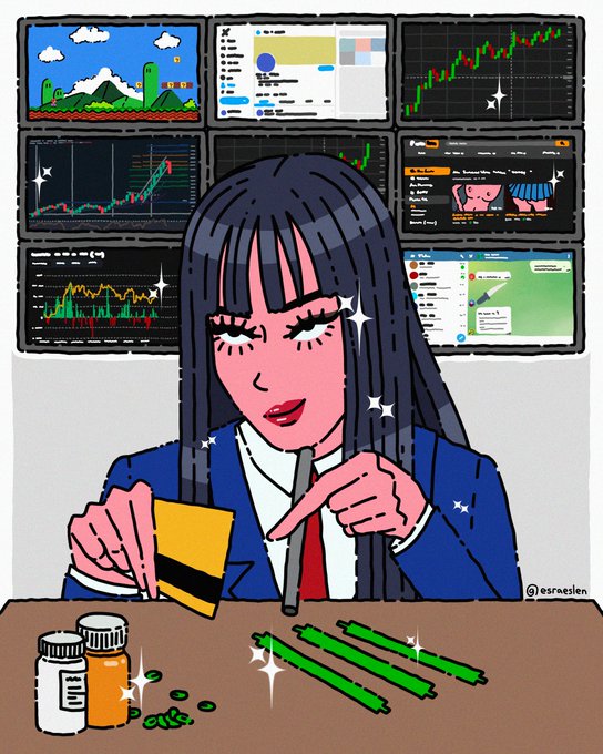 An illustrated woman with long dark hair and a blue suit sits at a desk handling a credit card, with multiple screens displaying stock charts, a Super Mario game, and messaging apps behind her, along with pill bottles and green paper on the desk.