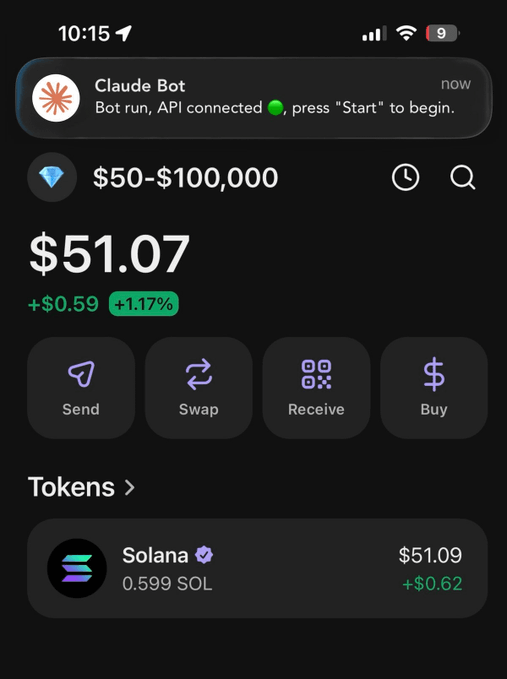 A screenshot of a Phantom wallet mobile app shows a balance of $51.07 (+$0.59, +1.17%), displaying 0.599 SOL ($51.09) at 10:15, with a "Claude Bot" notification confirming the API is connected and ready to begin — illustrating the initial starting point of the "$50 to $100K challenge" using the Claude AI trading bot.