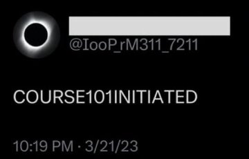A black image displaying a Twitter notification from user @IooP_RM311_7211 with the text 'COURSE101INITIATED' timestamped at 10:19 PM on 3/21/23.