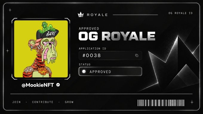 This image shows an "OG Royale ID" card approved under Application #0038 for user @MookieNFT, featuring a cartoon zombie character wearing a "BAIL" cap against a yellow background. This pairs with the "OG ROYALE RECEIVED" announcement by confirming the successful approval of the @MookieNFT membership into the OG Royale program.