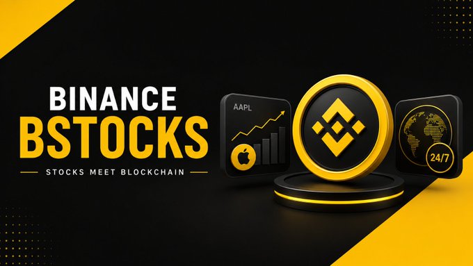 The image displays a Binance-branded graphic with "BINANCE BSTOCKS" and the tagline "STOCKS MEET BLOCKCHAIN," featuring a stylized Binance coin alongside a stock chart labeled "AAPL" and a "24/7" trading globe icon, illustrating the concept of tokenized stocks highlighted in the post.