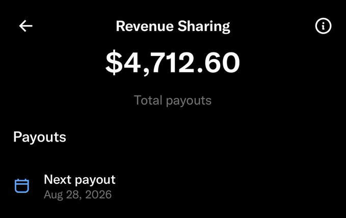 A mobile screen displays a "Revenue Sharing" dashboard showing "$4,712.60 Total payouts" with a "Next payout" scheduled for Aug 28, 2026.