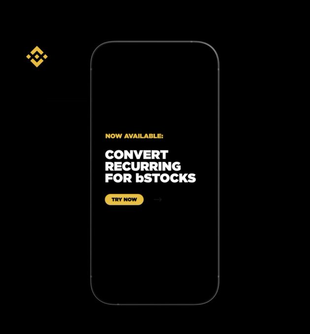 A smartphone mockup displays an announcement reading "NOW AVAILABLE: CONVERT RECURRING FOR bSTOCKS" with a yellow "TRY NOW" button, alongside the Binance logo. The promotional graphic supports the post's announcement of Binance expanding its bStocks offering on BNB Chain, with GameStop now part of the tokenized traditional markets expansion.
