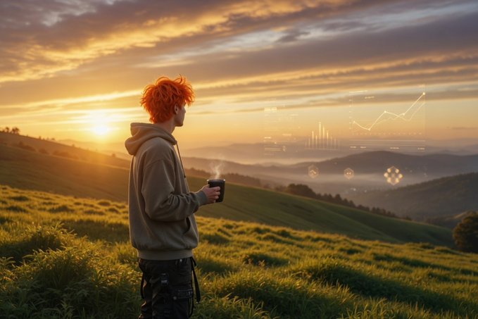 A young man with bright orange hair stands on a grassy hillside at sunrise, holding a steaming cup of coffee while gazing at a glowing data visualization showing charts and graphs floating in the sky.

The image evokes the contemplative morning moment mentioned in the post, with the data visualizations in the sky symbolizing the complex challenge of verifying accurate information—paralleling the theme of AI-driven ship tracking transparency highlighted in the message about @EthraShip.