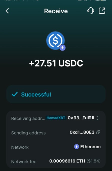 Mobile wallet app 'Receive' screen displaying a successful transaction of +27.51 USDC received at address HamadXBT 0x93... on the Ethereum network, with a network fee of 0.00096616 ETH ($1.84).