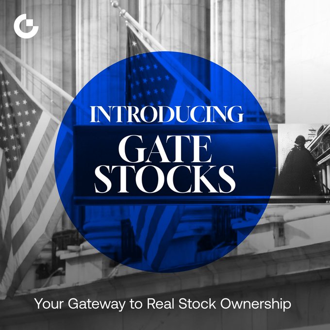 The image features an advertisement for gate stocks that includes a blue circle with white text reading "Introducing Gate Stocks" and an American flag inside the circle, along with a picture of a building with a flagpole. The caption below the image reads "Your gateway to real stock ownership".