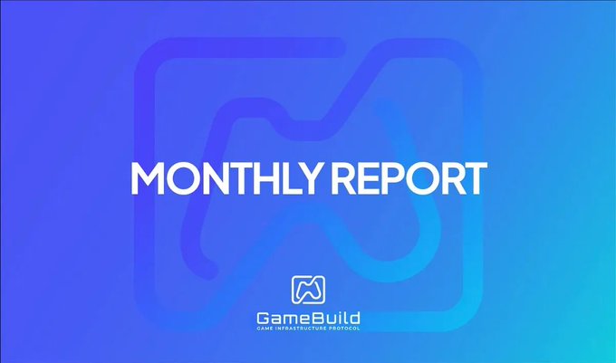 The image is a "MONTHLY REPORT" header graphic for GameBuilt Game Infrastructure Protocol, featuring a blue gradient background with the GameBuilt logo. It serves as a title card for the accompanying post, which announces ongoing frontend development on the AdSpot Marketplace, including Solana wallet connectivity and multi-chain asset support.