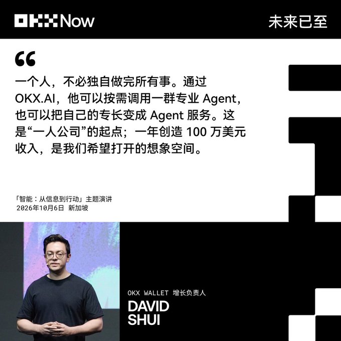 OKX Now promotional graphic featuring a quote in Chinese from a keynote speech titled "智能：从信息到行动" (Intelligence: From Information to Action) given in Singapore on October 6, 2026, by David Shui, Growth Lead at OKX Wallet, discussing OKX.AI and Agent services.