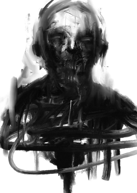 A moody black and white ink-style portrait sketch of a hooded figure with a menacing, shadowy face, rendered with aggressive brushstrokes and dripping paint effects.