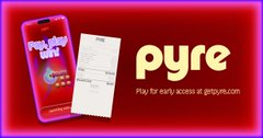 A pink promotional banner for the 'pyre' app featuring a smartphone mockup with 'Replay Now' text, along with the tagline 'Play for early access at playyre.com'.