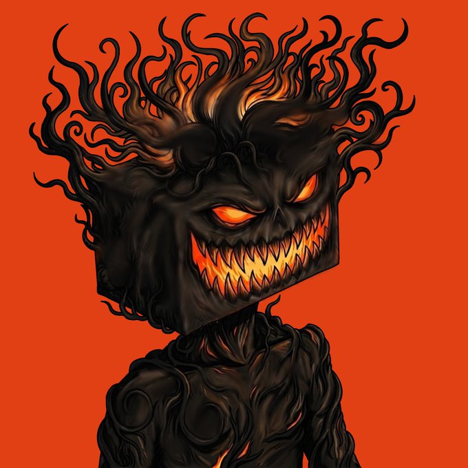 A stylized digital illustration of a menacing black creature with a fiery, jagged grin, glowing orange eyes, and wild flame-like hair against an orange background.