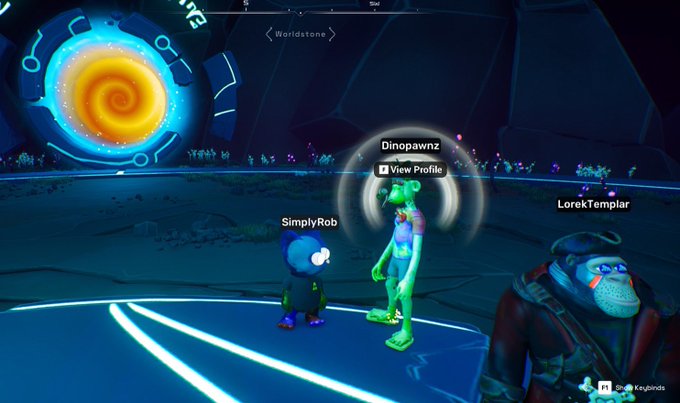 The image shows two characters from a video game standing next to each other with their arms crossed. One character has a green outfit while the other one wears a red outfit, both of them looking at the camera. The background features a blue sky with a yellow spiral and a large black rock formation in the distance. The post reads: "Got to talk to one of the GOATs on the @OthersideMeta who was able to teach me a lot about this game. Great meeting you bro, and super grateful for the Alpha."
