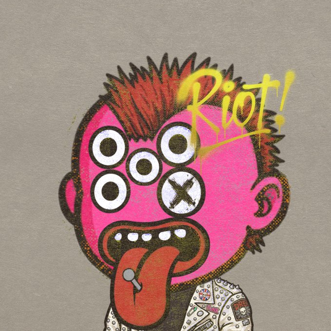A colorful illustration of a pink-faced character with multiple eyes, a spiked mohawk, and a tongue piercing, with the yellow graffiti text 'Riot!'.