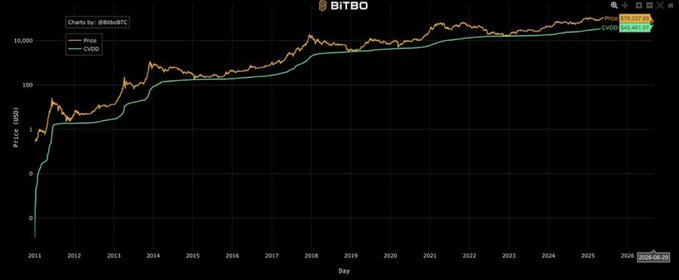 A Bitbo chart from 2011 to August 2026 displays Bitcoin's price (orange) plotted against the CVDD indicator (teal) on a logarithmic scale, showing that BTC has historically never traded below the CVDD line—currently valued at $49,000 according to the on-screen legend. The visual supports the post's claim that Bitcoin has never bottomed above the CVDD, implying the indicator's traditional usefulness as a bottom signal may break down in 2026.