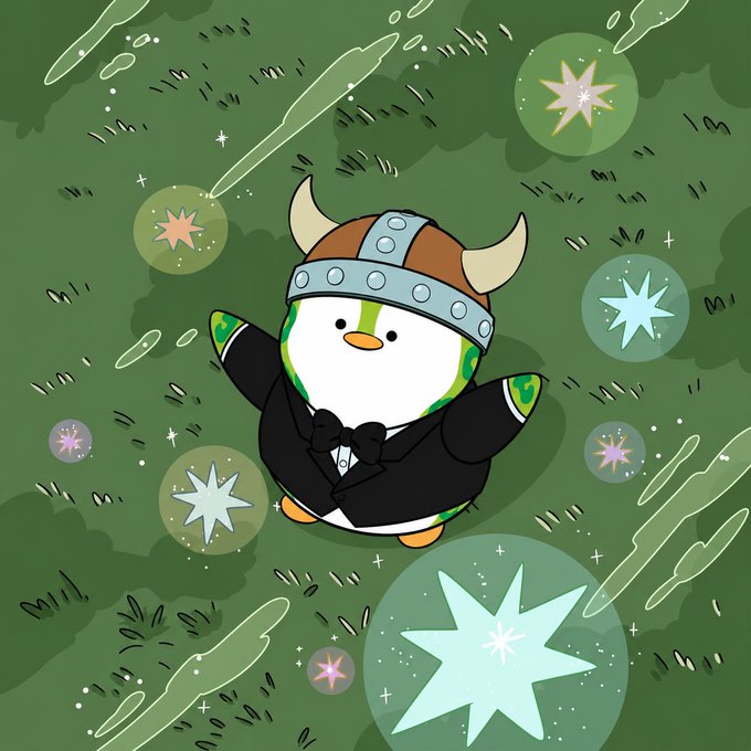 Cute cartoon illustration of a penguin character wearing a Viking helmet and black tuxedo, surrounded by stars and sparkles on a green background.