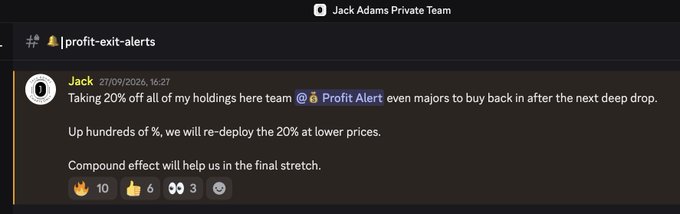 A Discord message from user 'Jack' in the '#profit-exit-alerts' channel of 'Jack Adams Private Team', dated 27/09/2026 at 16:21, discussing taking '20% off all of my holdings' to re-deploy at lower prices, with 10 fire, 6 thumbs up, and 3 eyes reactions.