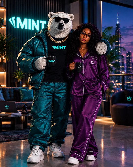A polar bear in teal "MINT" loungewear and sunglasses stands arm-in-arm with a woman in a matching purple silk pajama set, both holding branded MINT mugs in a sleek high-rise lounge with the "MINT" logo glowing behind them—perfectly capturing the post's "keep it minty" vibe for Taco Tuesday with the PlayOnMint crew.