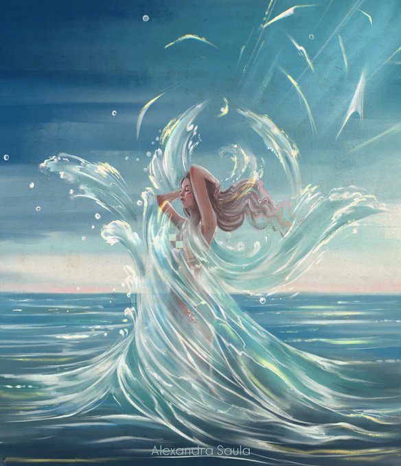 A digital painting by Alexandra Saula depicting a woman emerging from a dynamic, swirling wave that arcs into a bird-like form, with text reading "Alexandra Saula" at the bottom. The artwork's ethereal, fluid composition visually echoes the post's sentiment of internal turbulence and longing for a miracle, with the woman seemingly caught between the calm sea below and the chaotic, transformative wave above her.