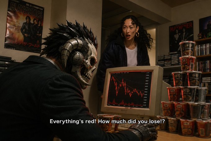 A scene featuring a masked figure with a spiky metallic skull mask looking at a computer monitor displaying a declining red stock chart, while a woman in a leather jacket looks on in shock; text reads 'Everything's red! How much did you lose!?', with stacks of 'Death' branded noodle cups nearby.