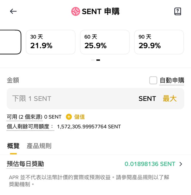 A mobile app interface in Chinese for subscribing to "SENT," showing APY options of 21.9% (30 days), 25.9% (60 days), and 29.9% (90 days), along with an estimated daily reward of 0.01898136 SENT.