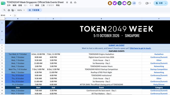 A spreadsheet titled 'TOKEN2049 Week Singapore: Official Side Events Sheet' listing dates, times, and events from October 5-11.