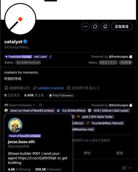 A Twitter/X profile page for 'catalyst' (@CatalystMkts_) showing a prediction market account, with a popup card for 'Jesse | ex-Head of Base@Coinbase' (@jessepollak) displaying 'jesse.base.eth' and a message about a base builder agent.