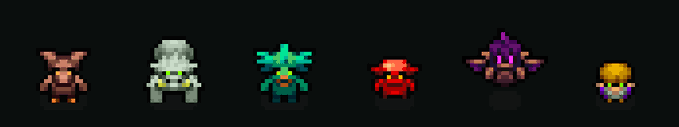 Six pixel art characters stand in a row against a dark background, featuring various fantasy figures including goblins, an armored knight, and winged creatures in distinct color schemes.