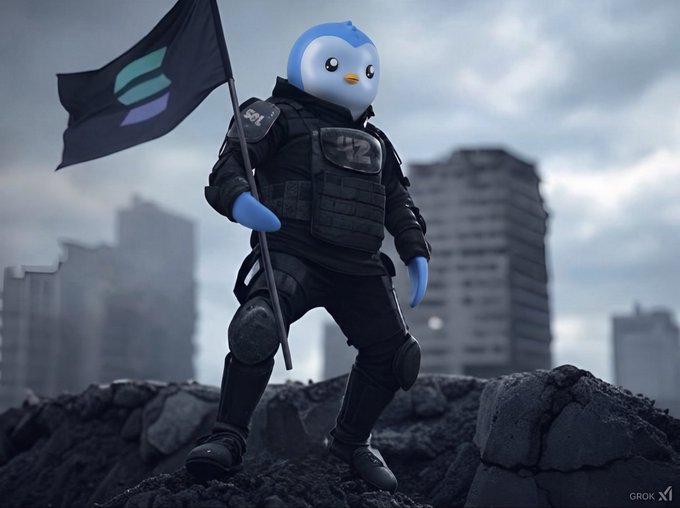 A 3D-rendered blue penguin mascot character (resembling PiPi) stands in tactical military gear holding a flag with a Solana (SOL) logo, set against a ruined cityscape with 'GROK x1' watermark.