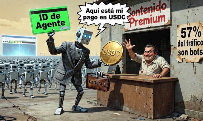 An illustrated scene of a robot in a suit holding an 'ID de Agente' sign and paying with a USDC coin, while a human waves from a 'Contenido Premium' booth, with text stating '57% del tráfico son bots'.