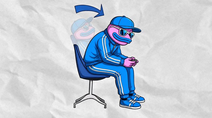 A cartoon character in a blue tracksuit, cap, and sunglasses sits hunched over on a chair playing a video game, with a faded ghost-like version of themselves behind them and a blue arrow pointing forward. The image illustrates the post's warning that men in their 20s will regret wasting their potential by gaming instead of joining @vibe_trading before V2 launches.