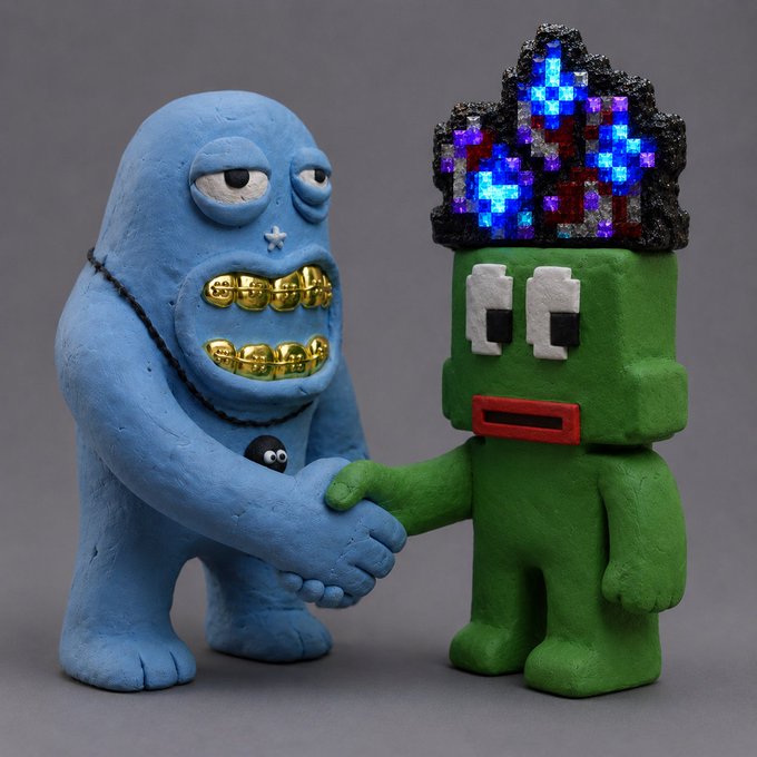 Two claymation-style figures shaking hands: a blue monster with gold teeth and a green figure with a Tetris-like crown on its head.
