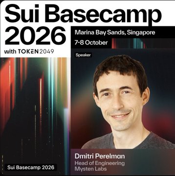 A promotional graphic for 'Sui Basecamp 2026 with TOKEN2049' at Marina Bay Sands, Singapore, featuring speaker Dmitri Perelman, Head of Engineering at Mysten Labs.