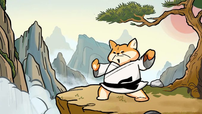The image features a cartoon cat dressed in a karate uniform, standing on top of a cliff with its arms raised high above its head. The background shows mountains and clouds, creating an impressionistic scene that emphasizes the cat's pose as if it is performing a martial arts move or fighting against an unseen opponent.