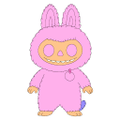 A small pink cartoon character/mascot figure with bunny-like ears, big eyes, and a wide toothy grin, wearing a hooded onesie costume.