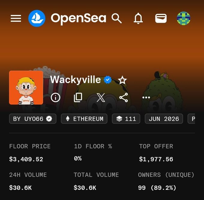 OpenSea app screenshot showing the Wackyville NFT collection with floor price $3,409.52, top offer $1,977.56, 24H volume $30.6K, and 99 unique owners on Ethereum.