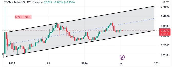 This weekly chart for $TRX/USDT on Binance shows price trading within a well-defined ascending parallel channel, with the current price at 0.3272. The "DYOR NFA" text indicates "Do Your Own Research, Not Financial Advice."