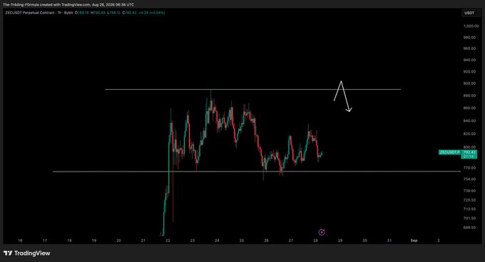 A TradingView candlestick chart of ZECUSD on August 28, 2026 shows the price trading sideways between roughly 780 and 890, with the current price at 797.43, illustrating the choppy range consolidation mentioned in the update. A hand-drawn arrow above the candles hints at a potential breakout direction, but no clear trend has emerged yet.