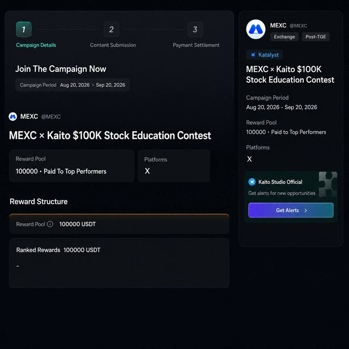 A campaign page for the "MEXC × Kaito $100K Stock Education Contest" running from August 20 to September 20, 2026, featuring a 100,000 USDT reward pool on the X platform. The post highlights that this is the first of two epochs, each offering over 100k in rewards, with this initial phase focusing on TradFi and stocks-related content.