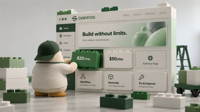 A 3D rendered advertisement for 'DAPPOS' featuring a small character building a website interface with green blocks, displaying pricing tiers of $20/mo and $50/mo.